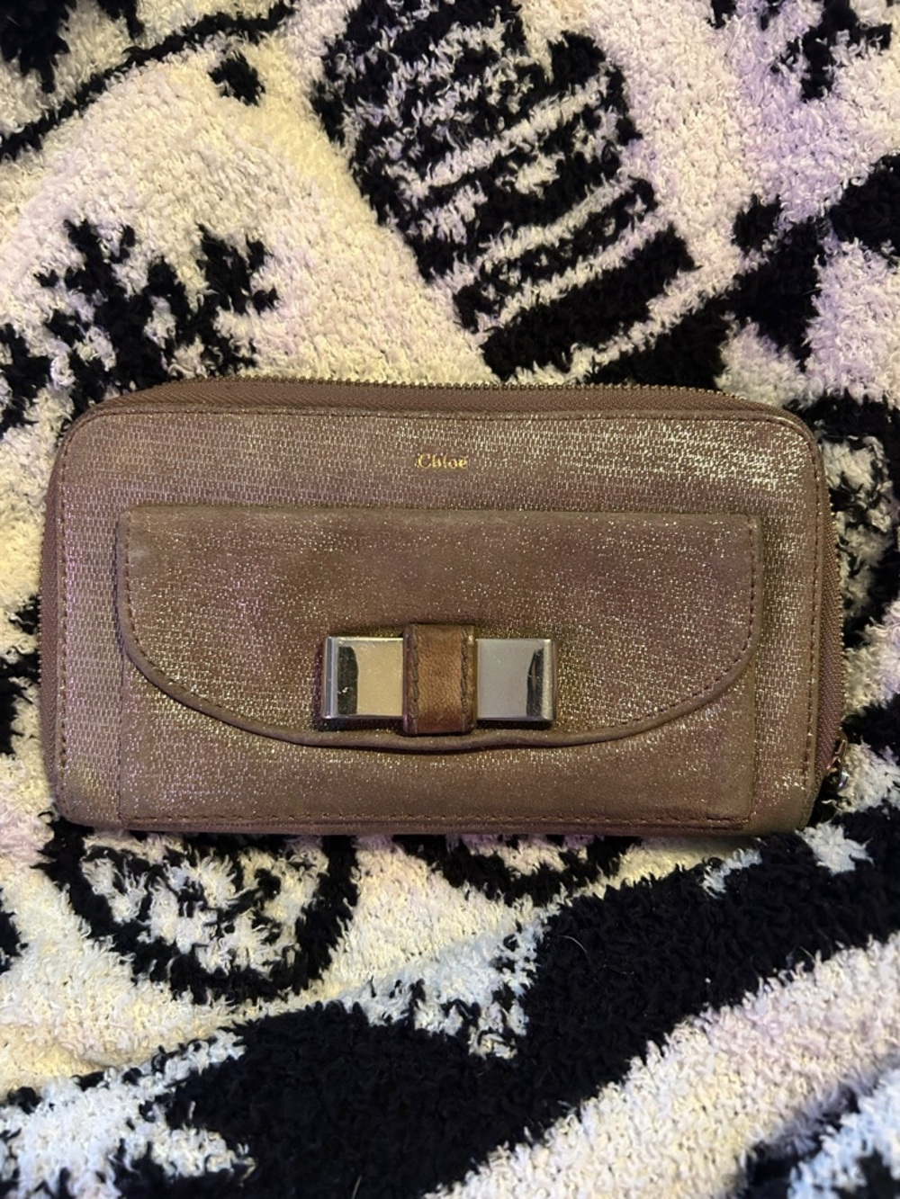 Chloé Metallic Tan/Bronze Zip Wallet with Bow Accent